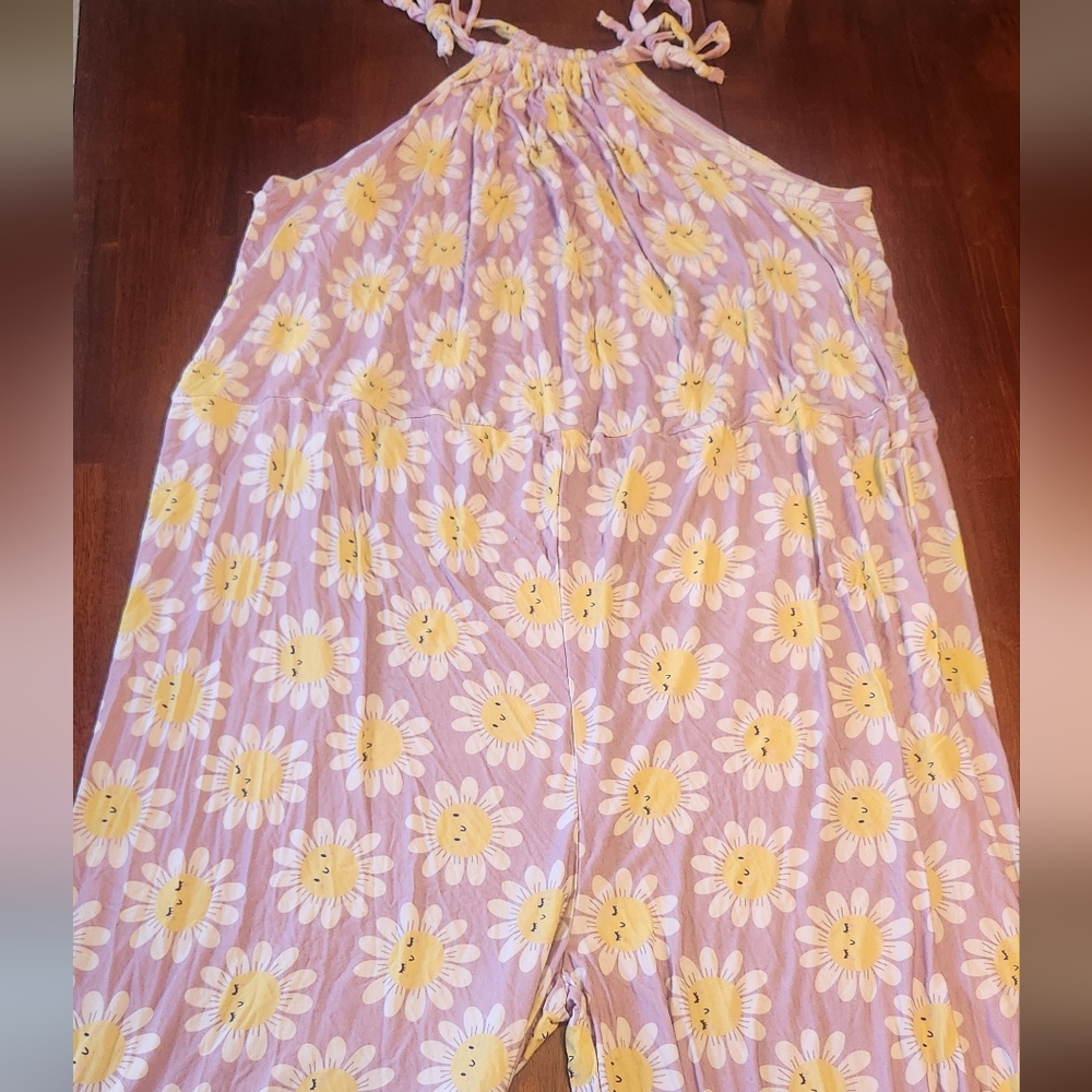 Sunflower Smiley Print Purple, Yellow Handmade Custom Jumpsuit, 2X